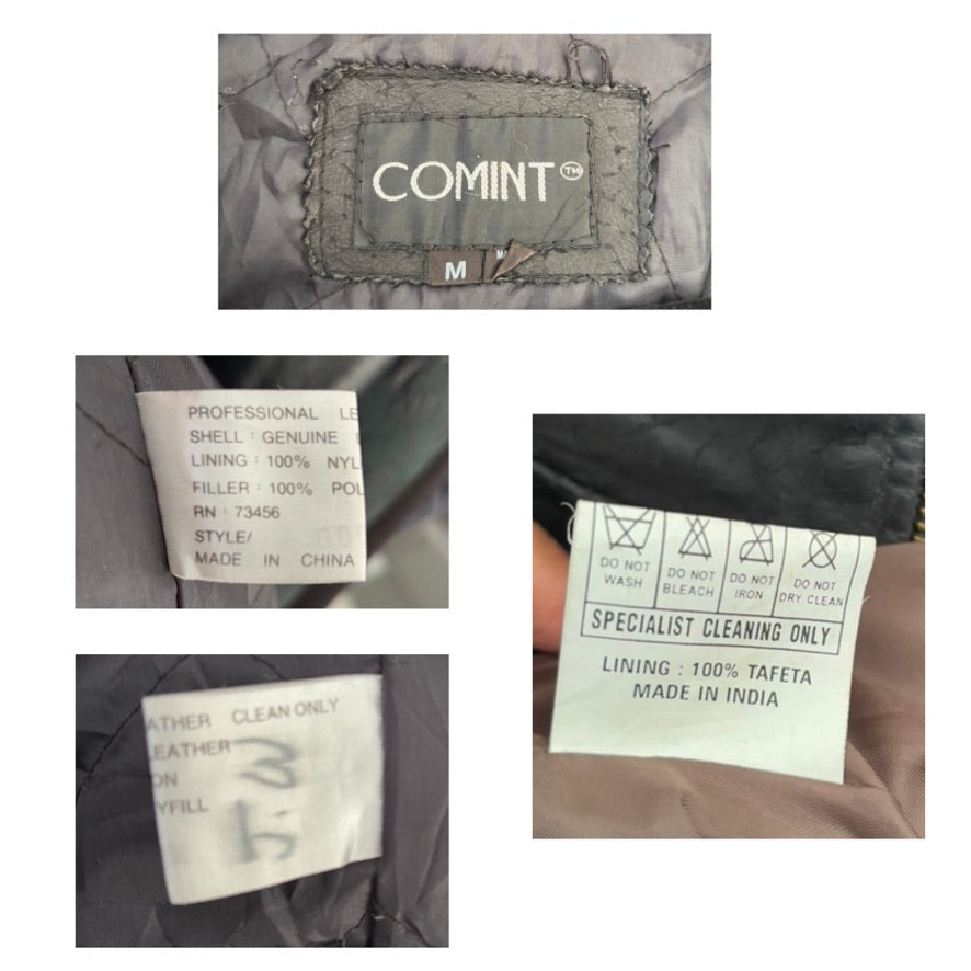 Collage of labels on a jacket with 'COMINT' branding and cleaning instructions.