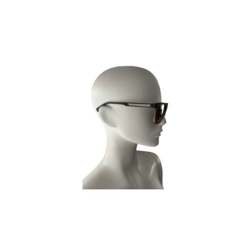 Mannequin head wearing a helmet and sunglasses on a white background