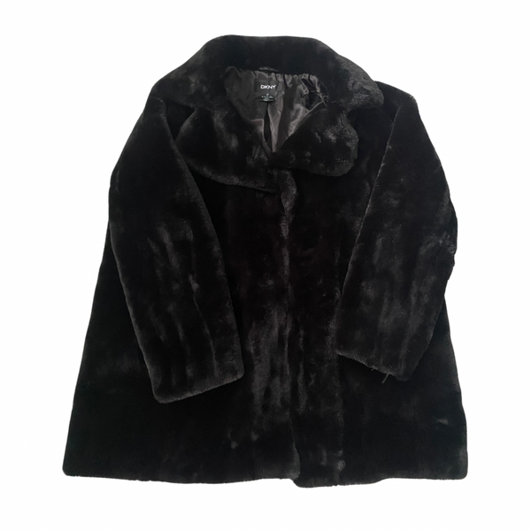 DKNY Faux Fur MIDI Coat Black SIZE XL - New