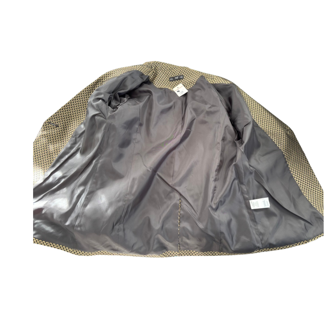 black blazer lining on with gold trim on white background.