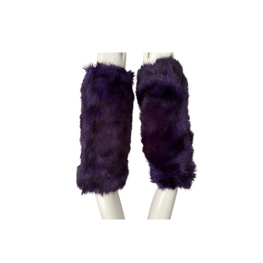 Purple faux fur leg warmers on mannequin legs against a white background