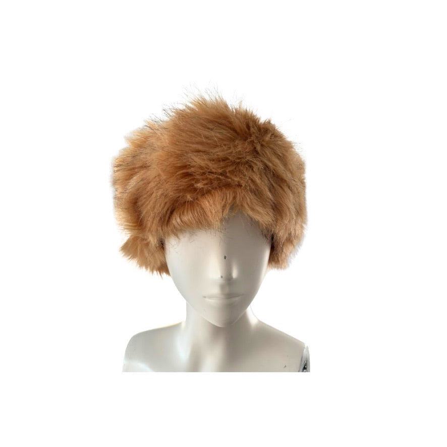 Brown fur headband on a mannequin head against a white background