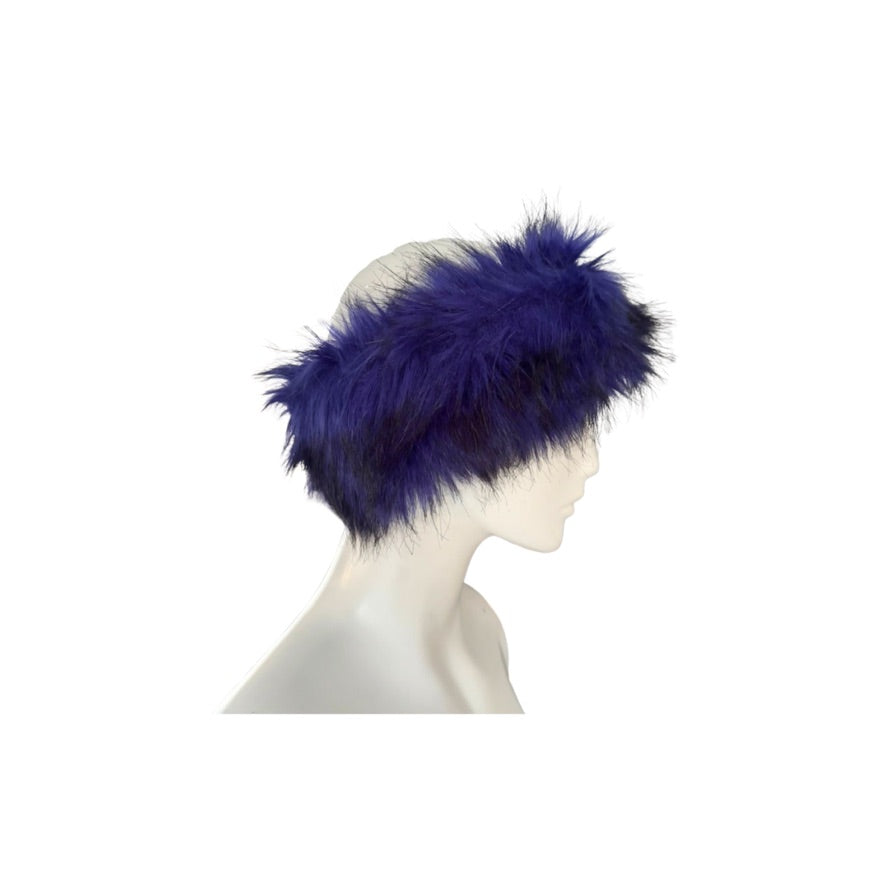 Purple fur headband on a mannequin head against a white background