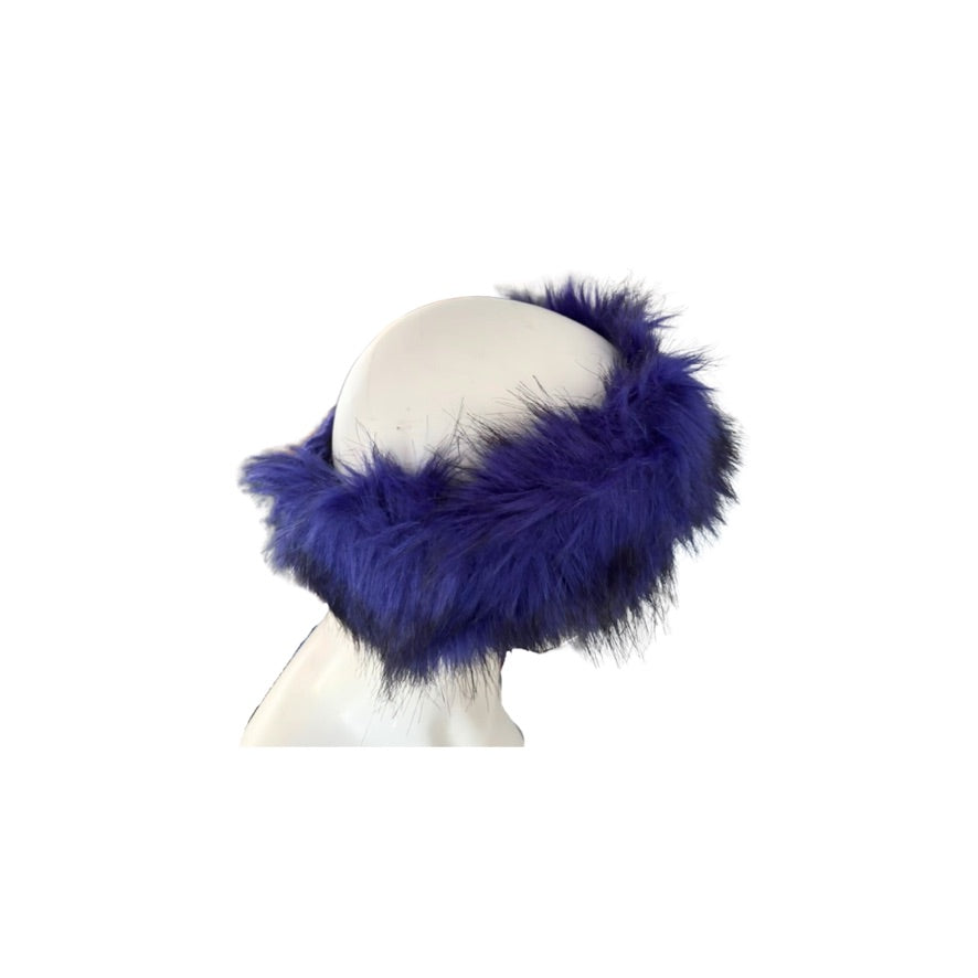 Purple fur headband on a mannequin head against a white background