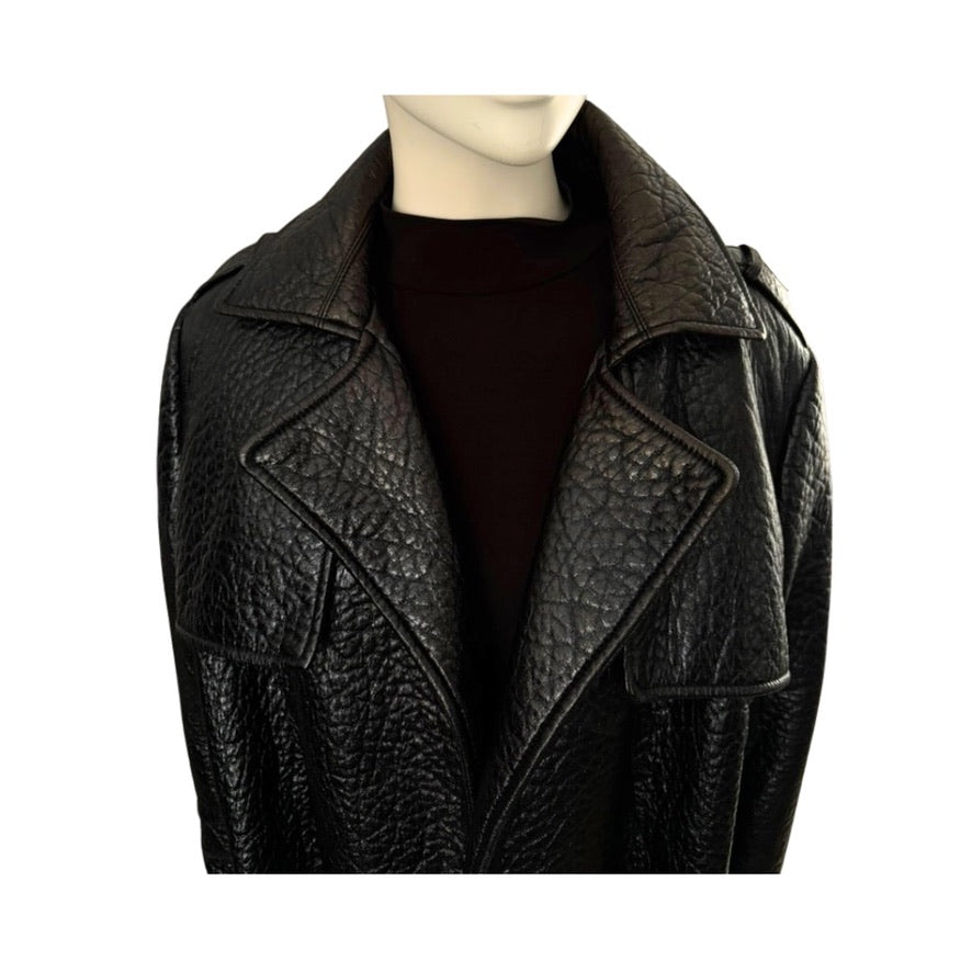 Black leather jacket on a mannequin against a white background