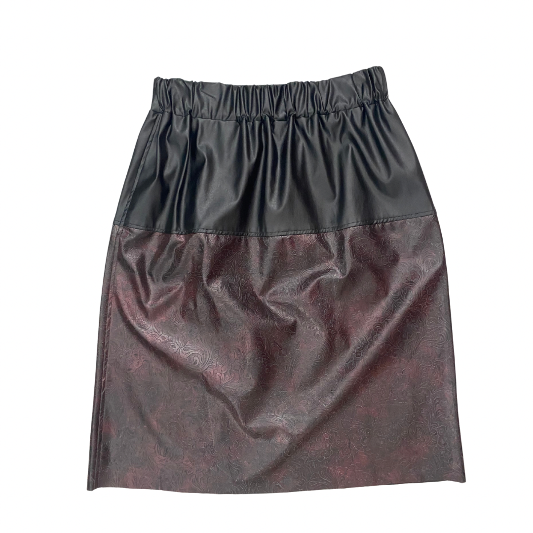 Black and burgundy skirt with a subtle pattern on a white background