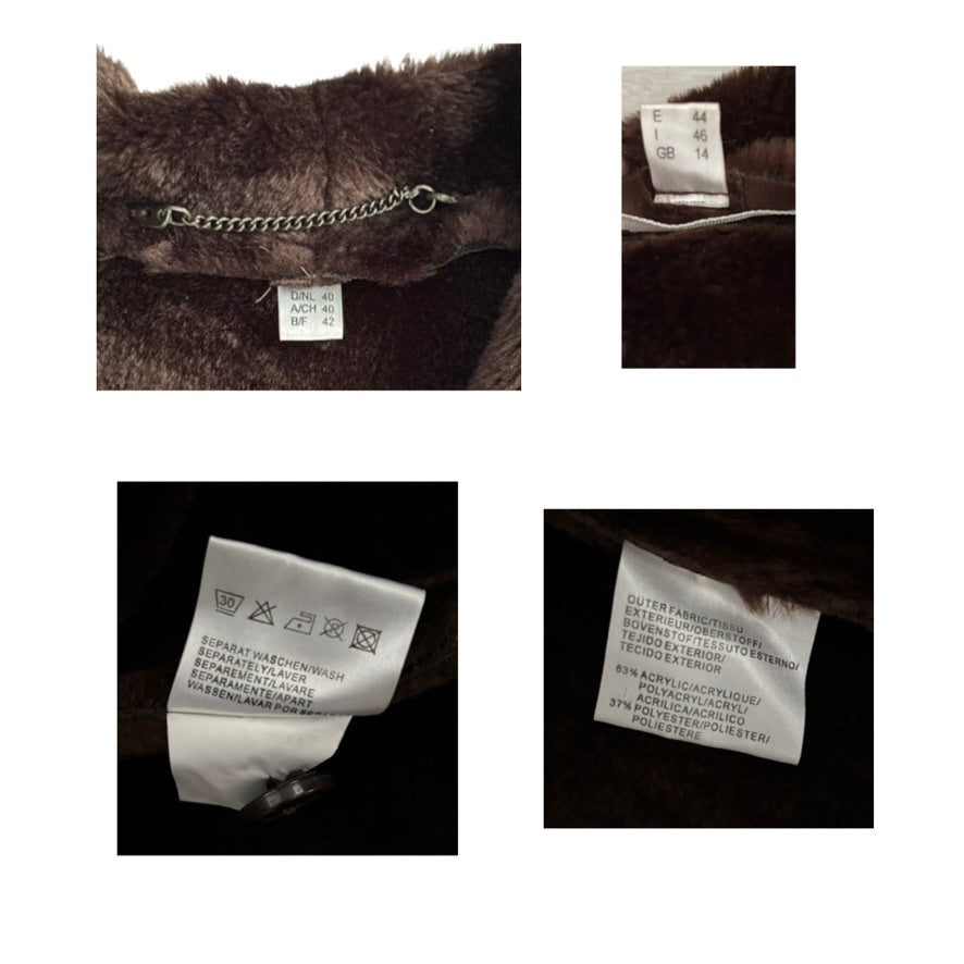 Close-up of clothing labels on a dark fabric background