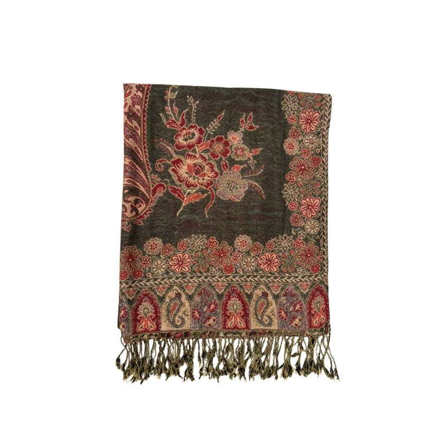 Decorative scarf with floral and paisley patterns on a white background