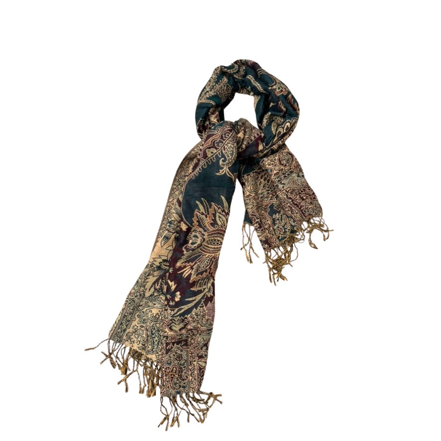 Patterned scarf with fringes on a white background