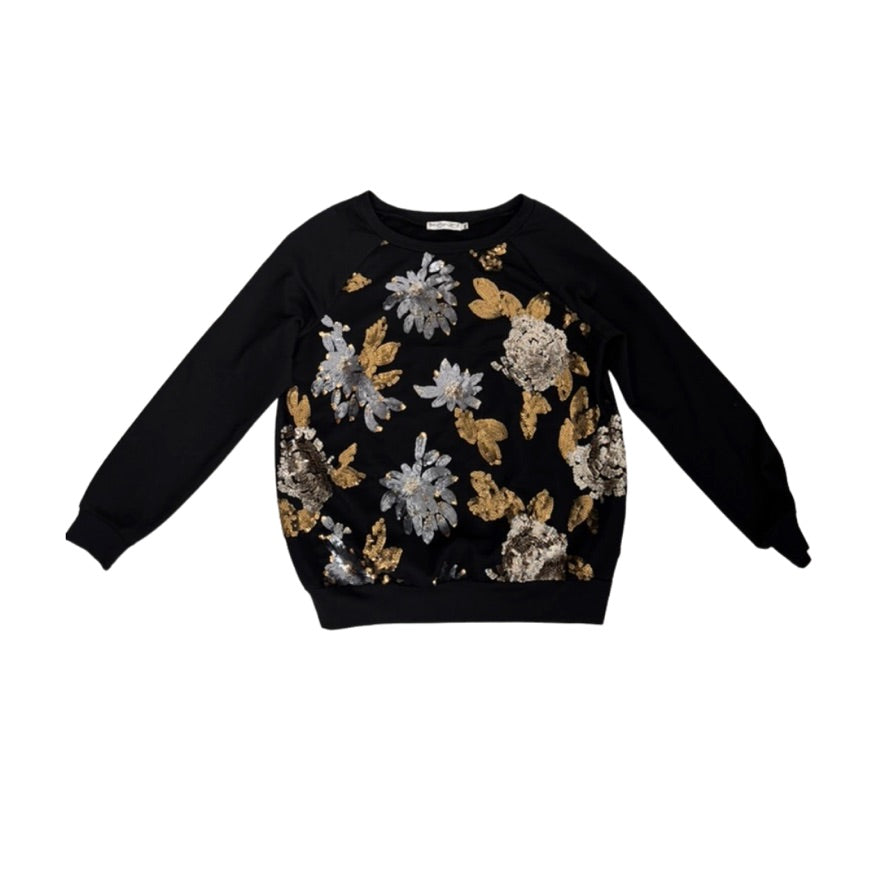 Black sweater with floral patterns on a white background
