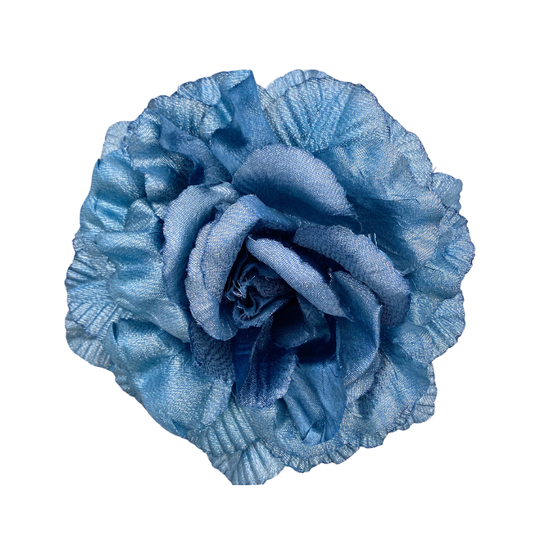A large blue fabric flower with a vintage style pin fastening.