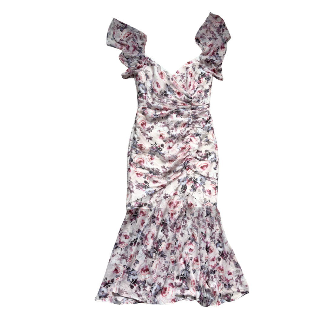 Forever New Azalea Ruched Maxi Dress in white floral Heavenly Bloom print with ruched bodice and fishtail hem. Size 8, New.