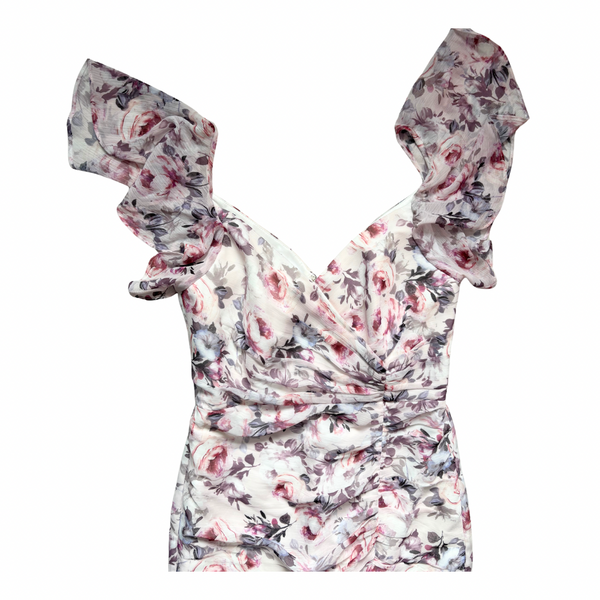 Floral dress with matching headscarf on a white background