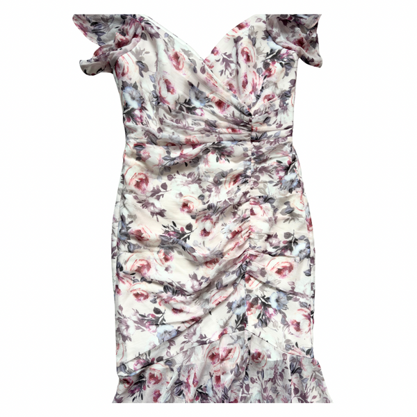 Floral dress with ruched design on a white background