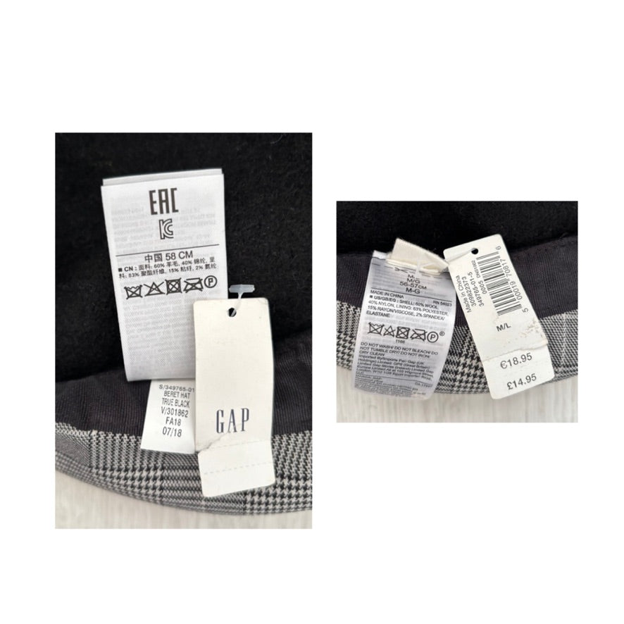 Clothing tags with brand logos on a black and white checkered fabric background