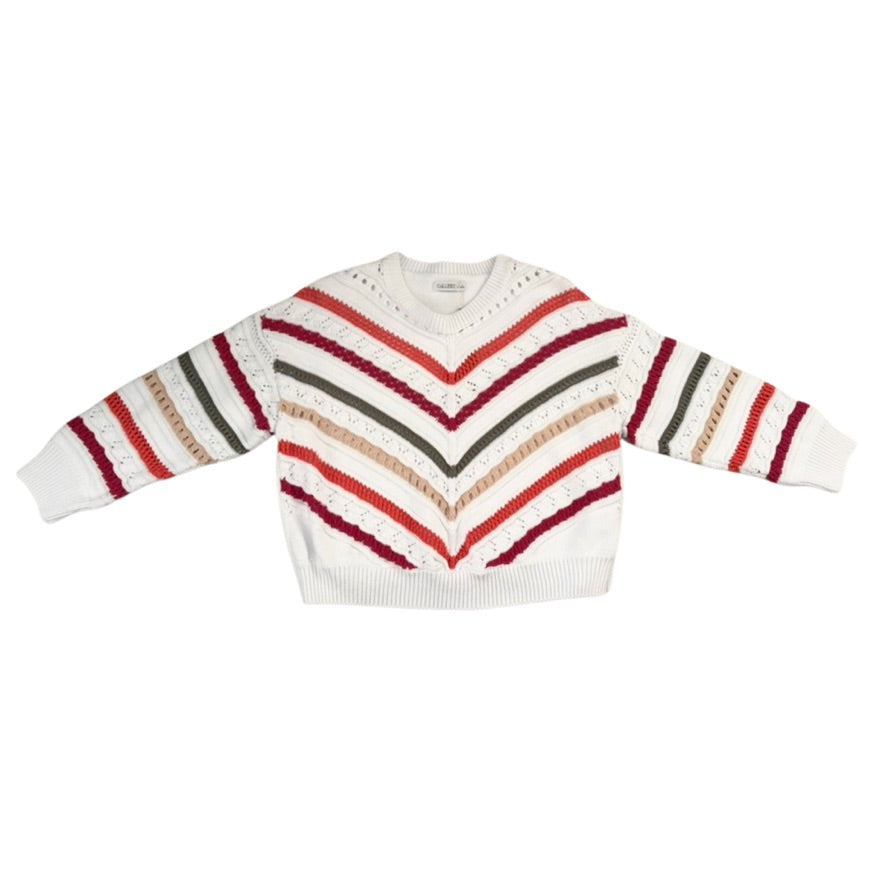 White sweater with red, green, and beige striped sleeves on a white background