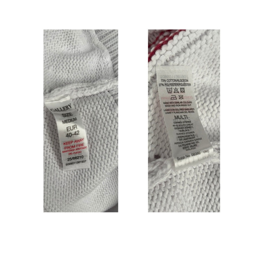Close-up of fabric labels on a textured fabric background