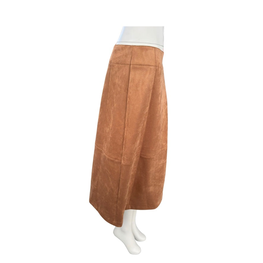 Brown suede skirt on a mannequin against a white background