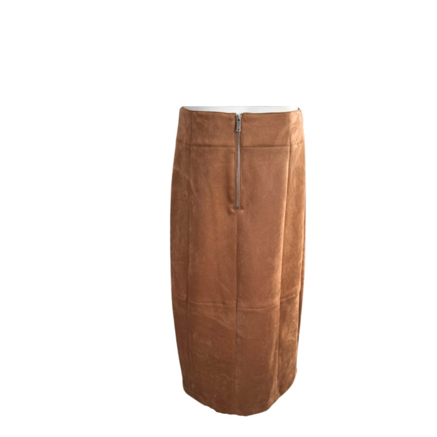 Brown suede skirt with a zipper on a white background