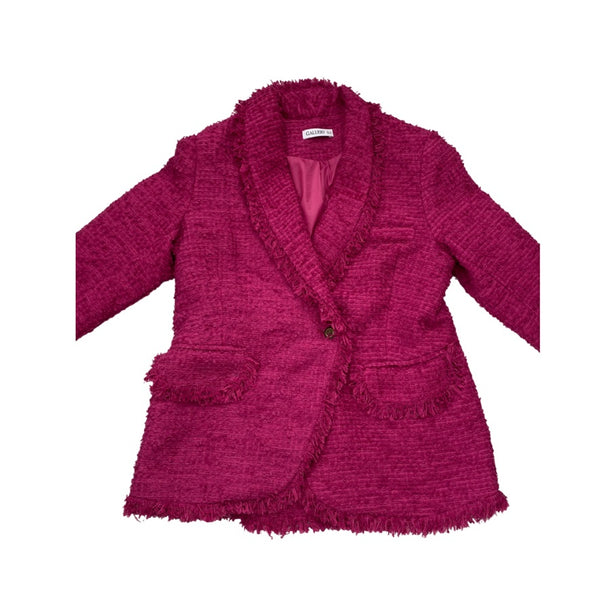 Pink textured blazer on a white background