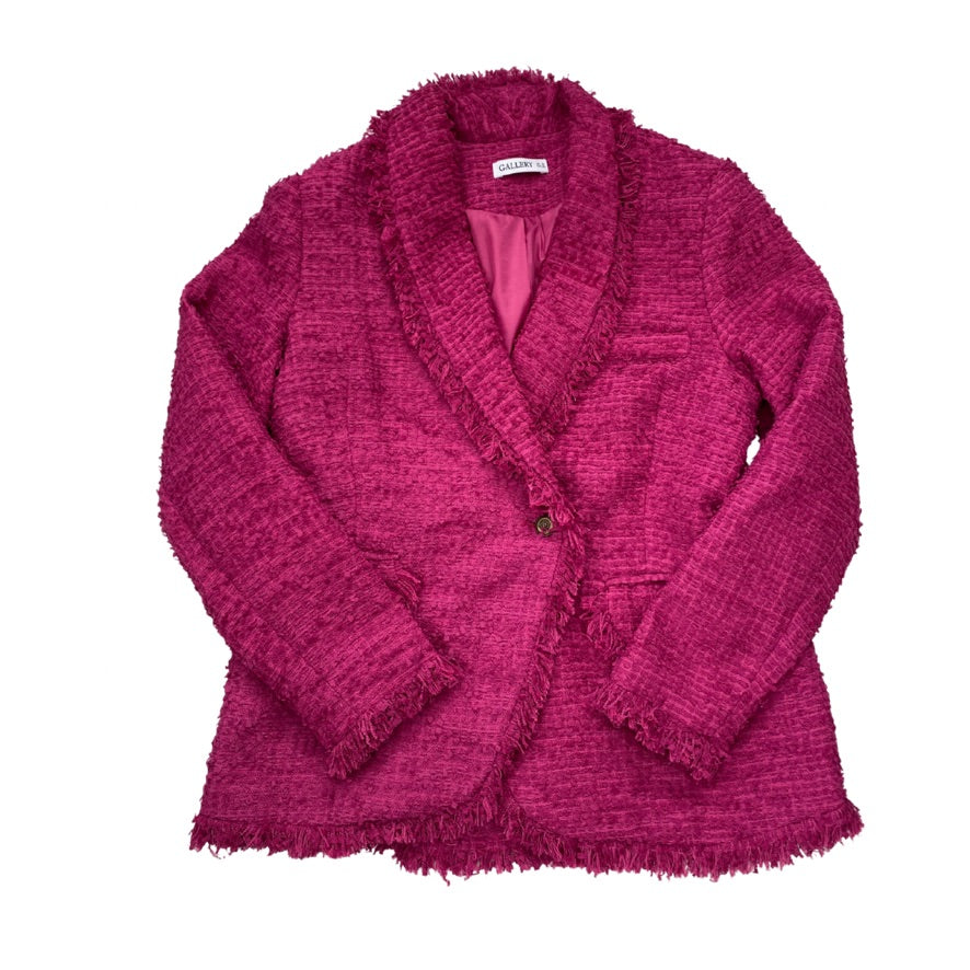 Pink textured blazer on a white background