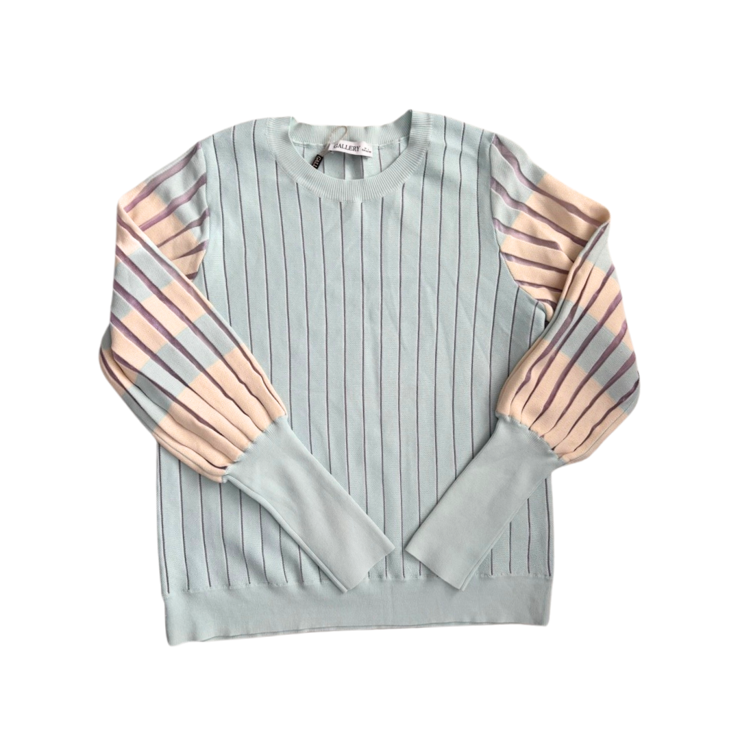 Light blue sweater with striped sleeves on a white background
