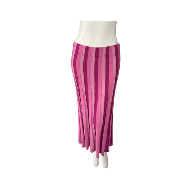 Pink striped skirt on a mannequin against a white background