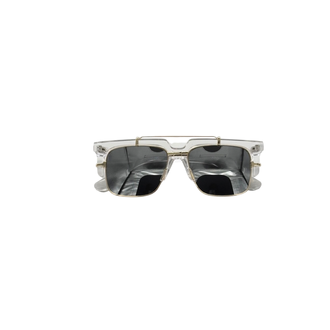 Sunglasses with silver frame and dark lenses on a white background