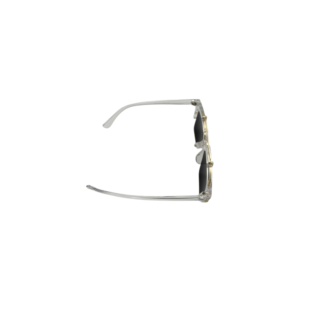 Sunglasses with a reflective lens on a white background