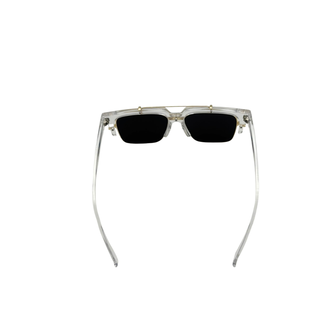 Sunglasses with clear frame and black lenses on a white background