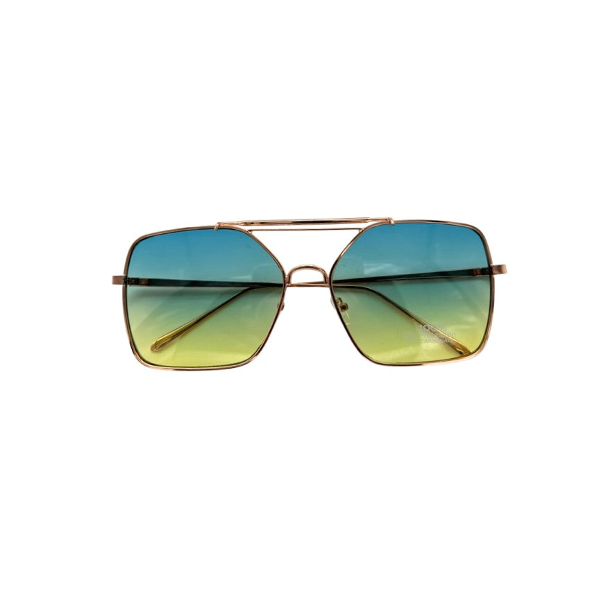 Sunglasses with a gradient green and blue lens on a white background
