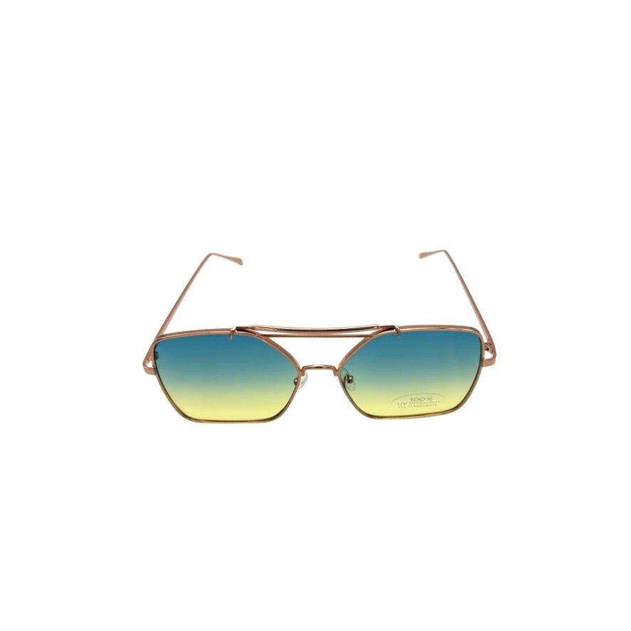 Sunglasses with gradient blue to yellow lenses on a white background