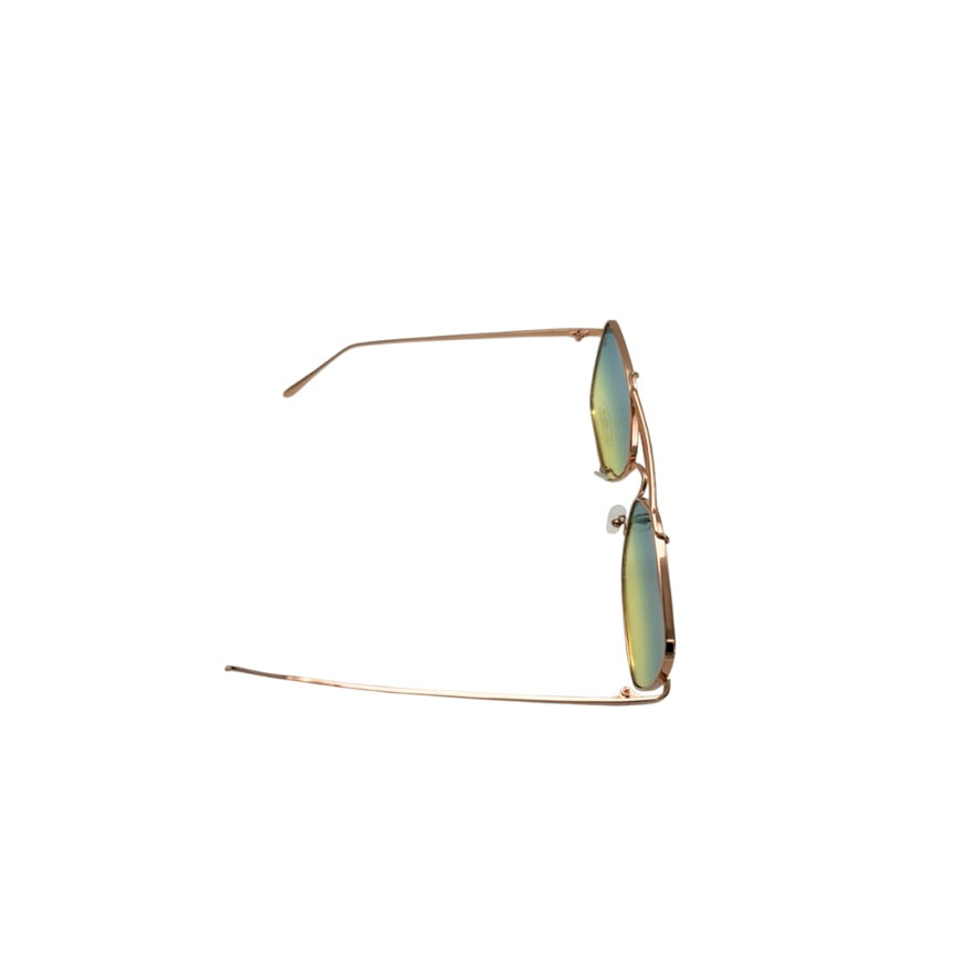 Gold-framed sunglasses with green-tinted lenses on a white background