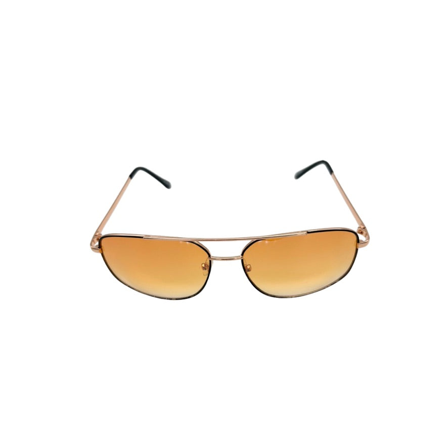 Aviator sunglasses with gold frame and orange lenses on a white background