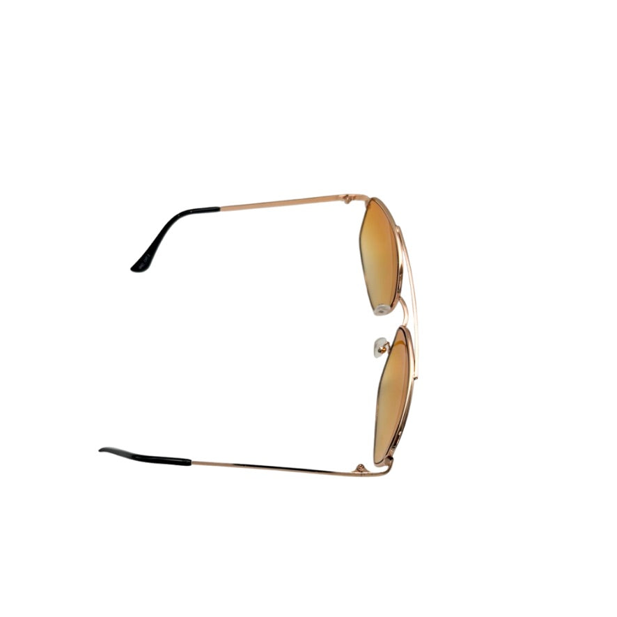 Gold-framed sunglasses with reflective lenses on a white background