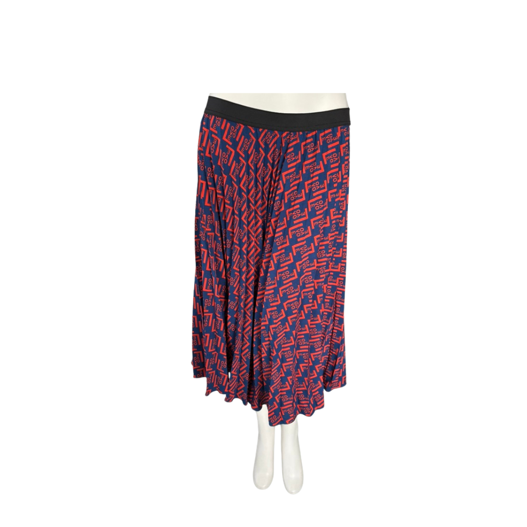 Long patterned skirt on a mannequin against a white background