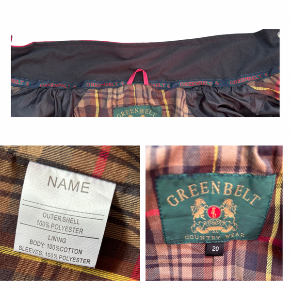 Close-up of a plaid jacket with a Greenbelt label and fabric details.