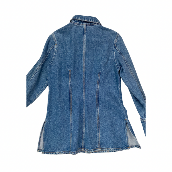 Blue denim jacket on a white background