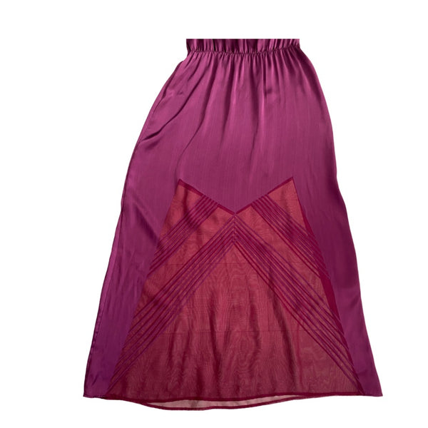 Burgundy dress hem  with geometric sheer pattern on a white background