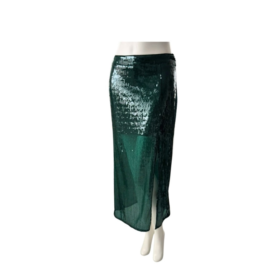Green sequin skirt on a mannequin against a white background