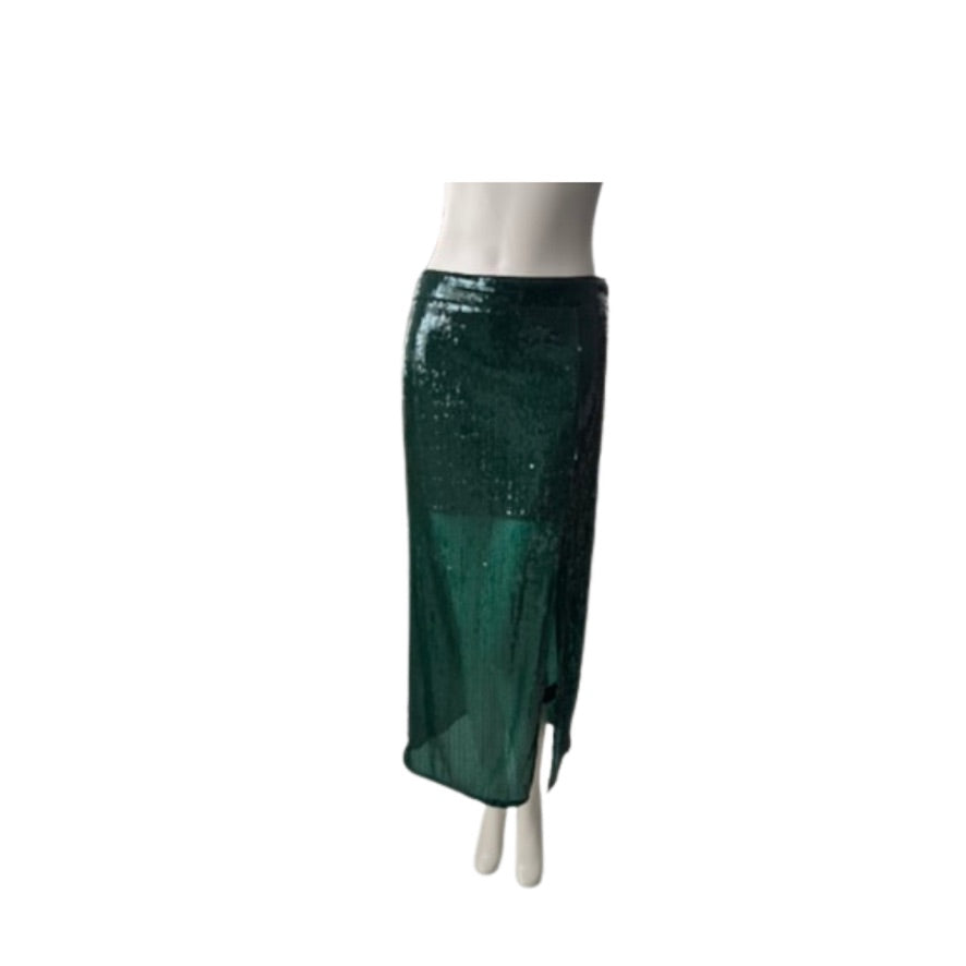 Green sequin skirt on a mannequin against a white background