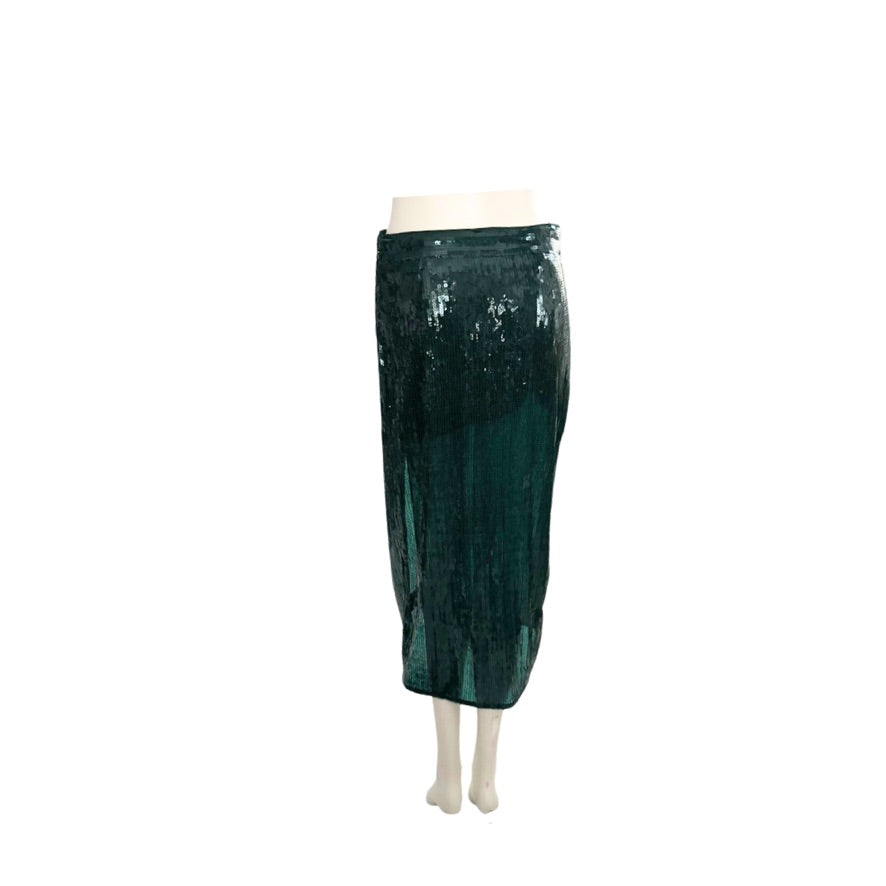 Green sequin skirt on a mannequin against a white background