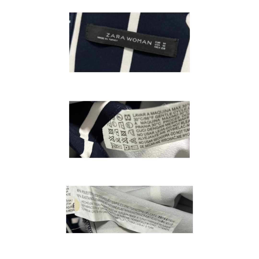 Close-up of Zara Woman label on a garment with additional labels below.