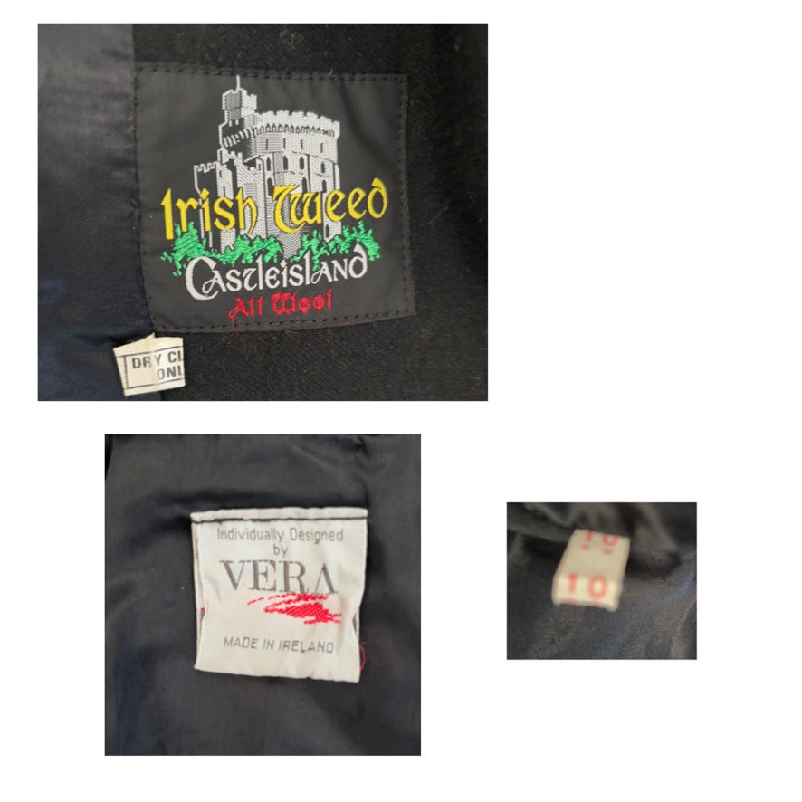 Clothing labels with 'Irish Tweed Castleisland' and 'Vera' branding on a black background.