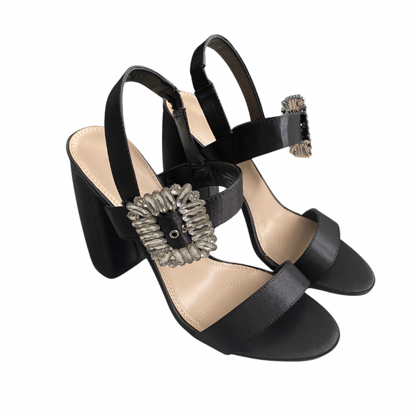 Jewel Oversized Buckle Block Heel Slingback Sandals Black SIZE 41 - New