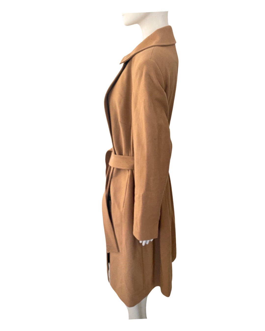 Tan trench coat on a mannequin against a white background