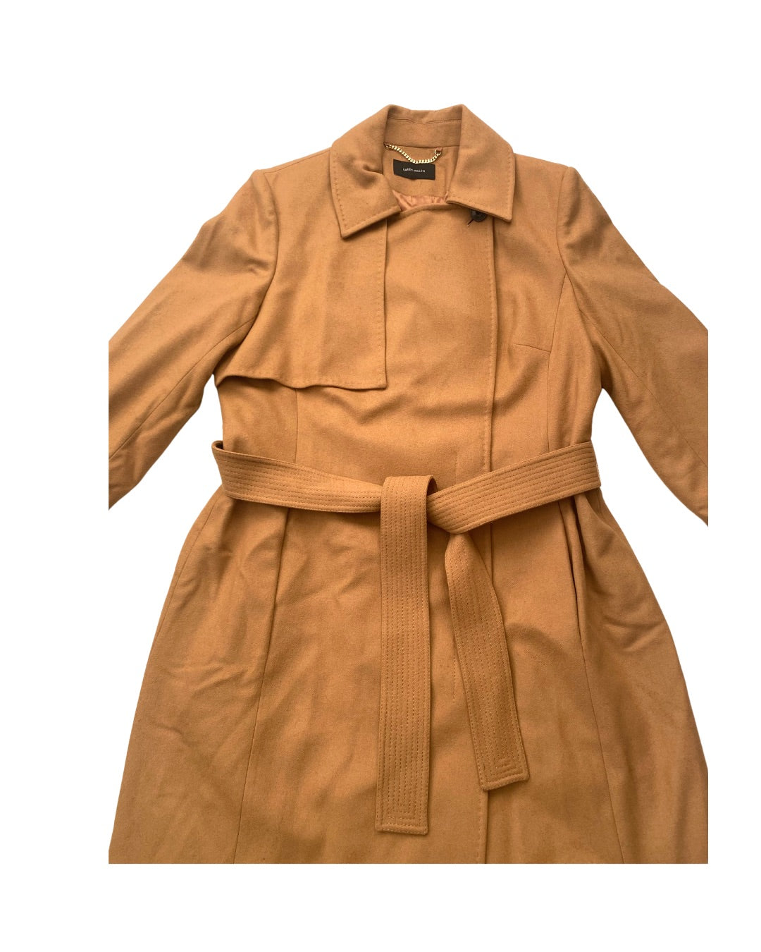 Tan trench coat with a belt on a white background