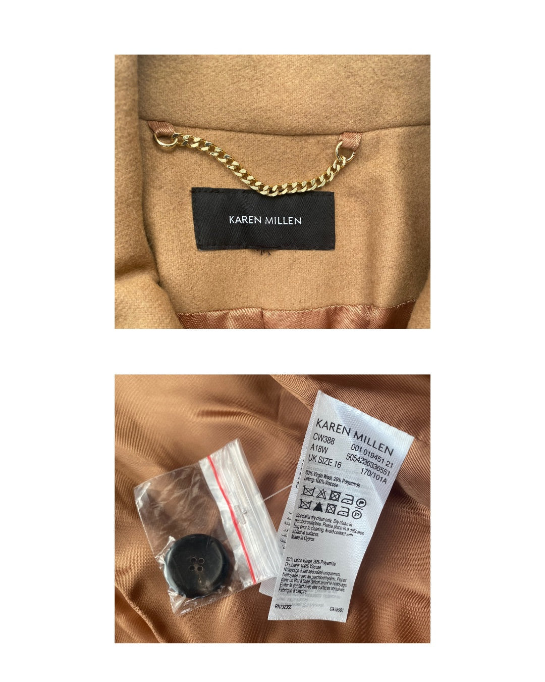 Brown garment with 'Karen Millen' label and additional tags on a white background