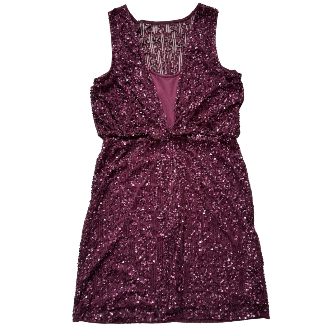 Plum sequin dress on a white background