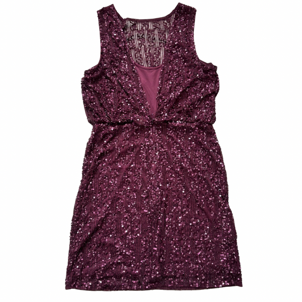 Plum sequin dress on a white background